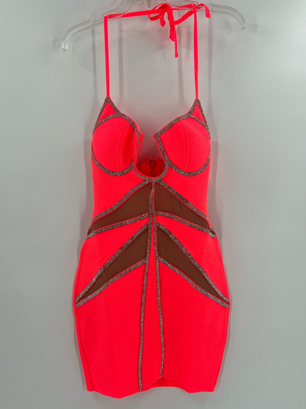Queen Mania Neon Pink Rhinestone Mesh Cutout Halter Mini Dress NWT Club
